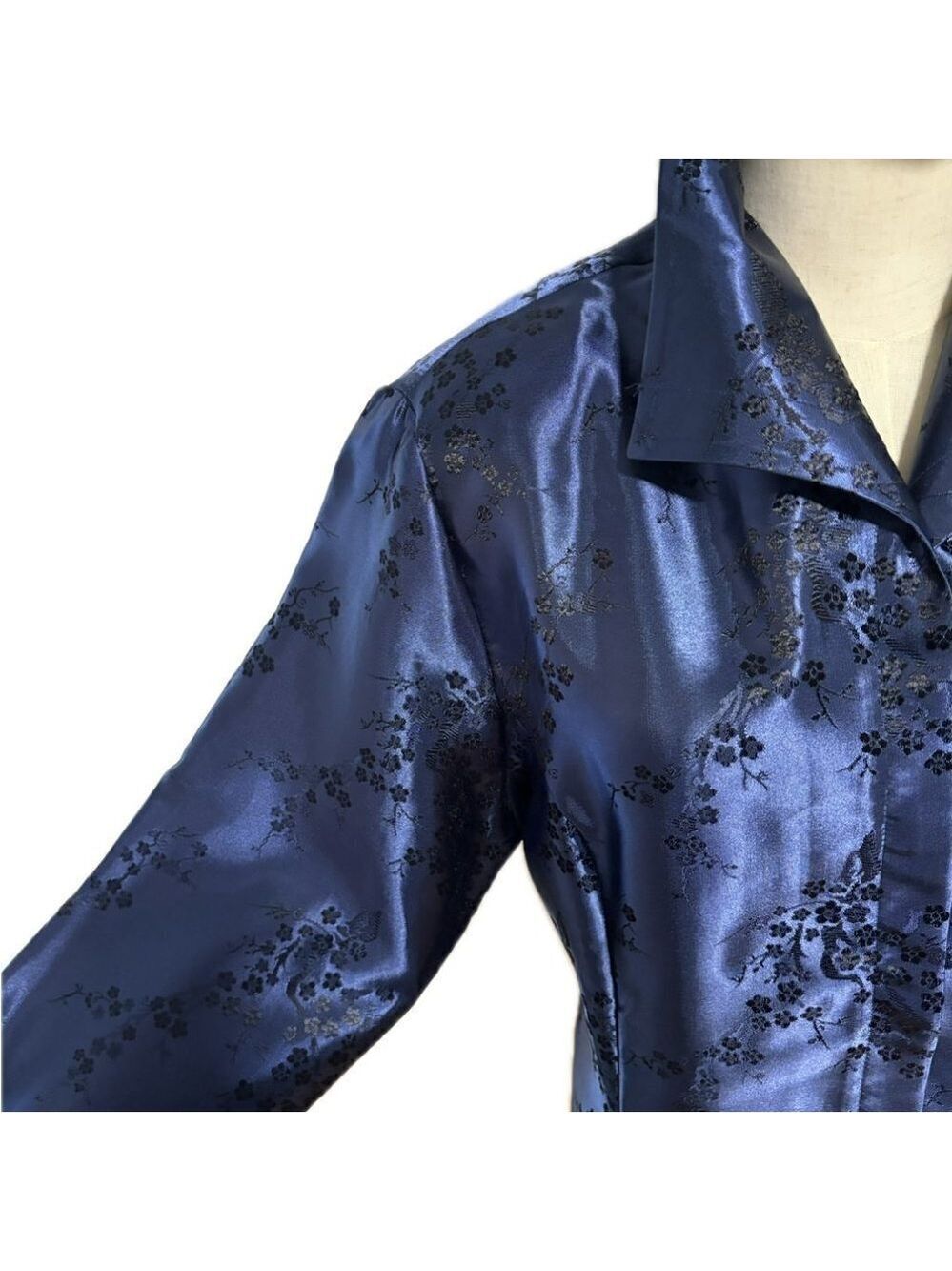 90s SATIN BROCADE BLUE ASIAN INSPIRED BROCADE LIZ BAKER SHIRT JACKET SHACKET 14 - Picture 6 of 12